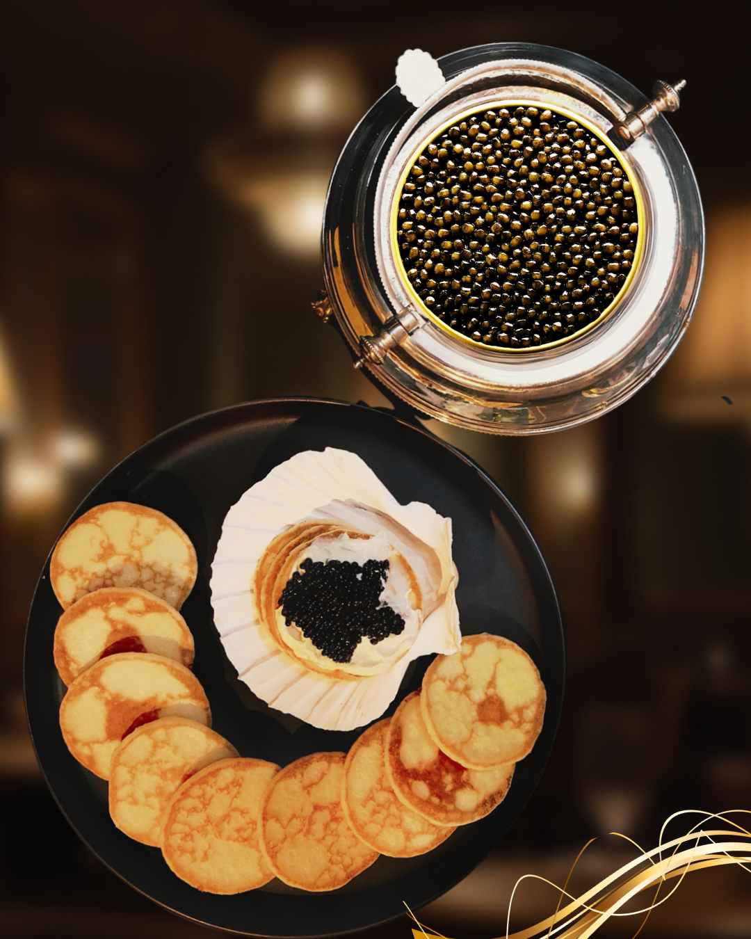 Royal Oscietra Caviar set with grey to golden eggs and delicate buttery taste
