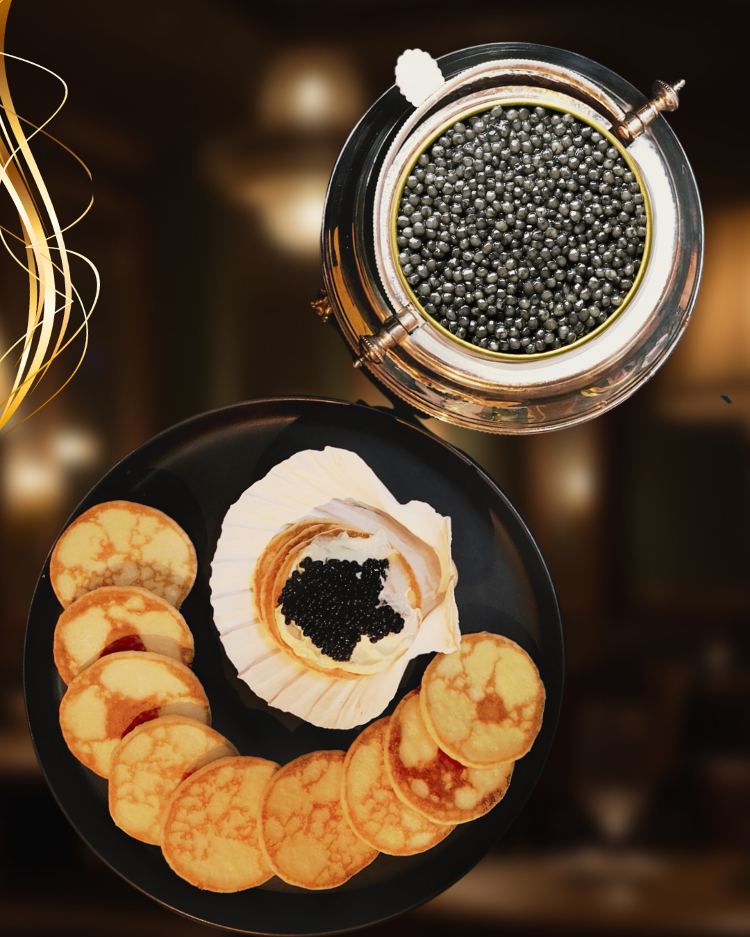 Beluga caviar set with pear grey eggs sized 3.0-3.5 mm and delicate briny flavor