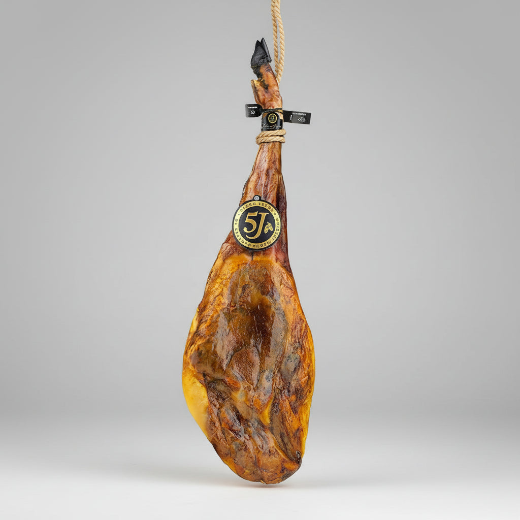 Cured ham on a marble background with a visible brand label.