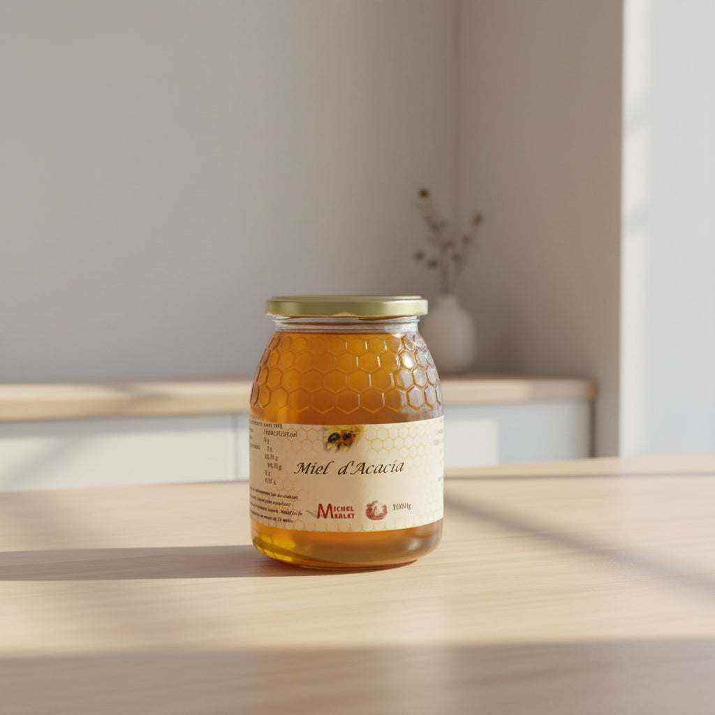 1kg jar of light, smooth, pourable Acacia Honey from acacia blossoms