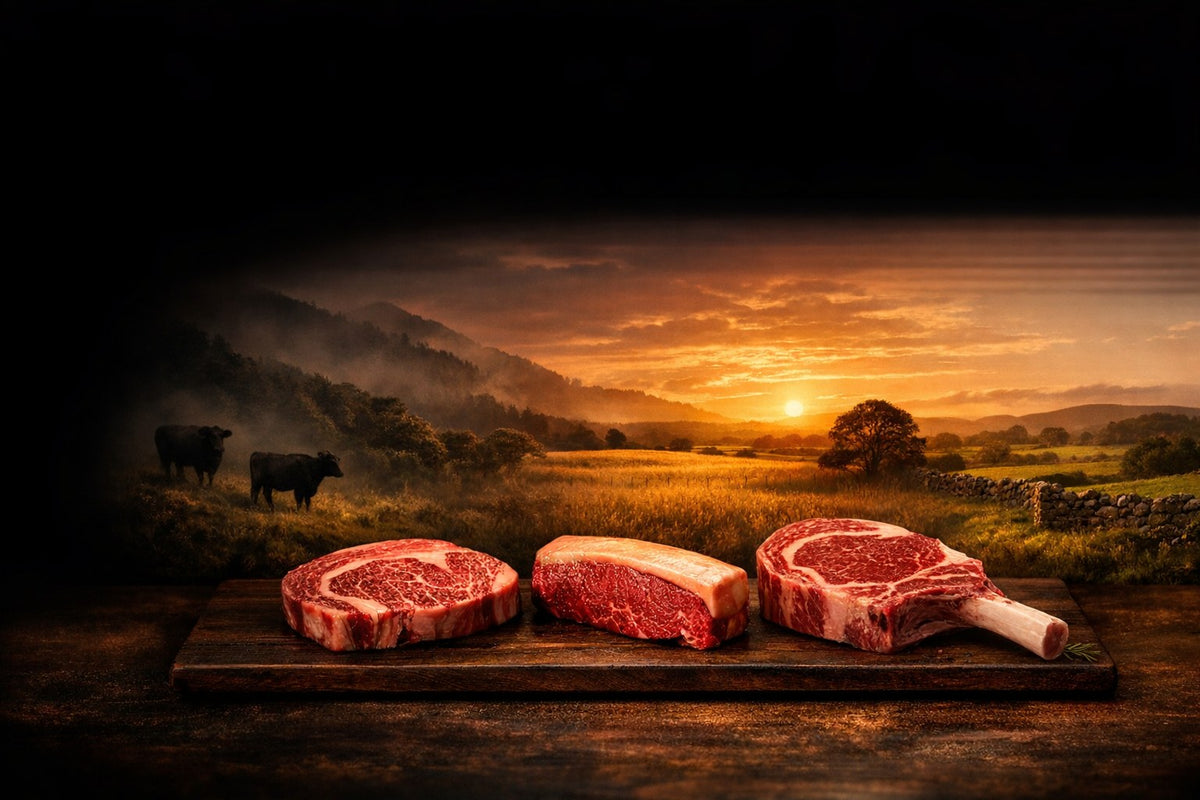 Raw Wagyu ribeye, grain-fed striploin and bone-in ribeye in front of Japanese, Australian and Irish pasture