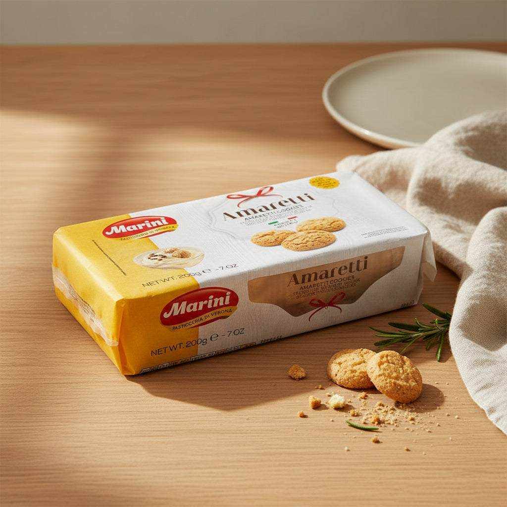 Pack of 200g Italian Amaretti Biscuits with crisp exterior and chewy almond center