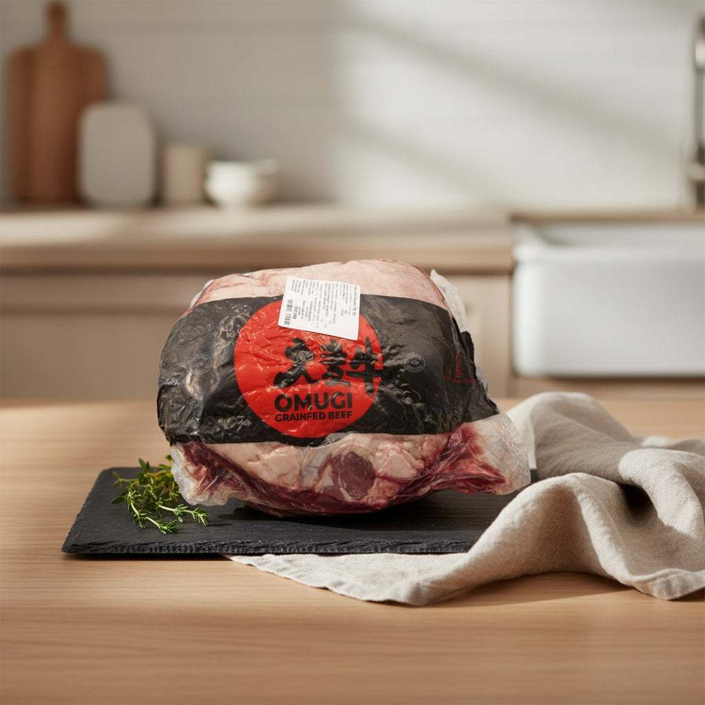 Vacuum-sealed 6kg Omugi grain-fed beef rump cut for grilling roasting or pan-frying