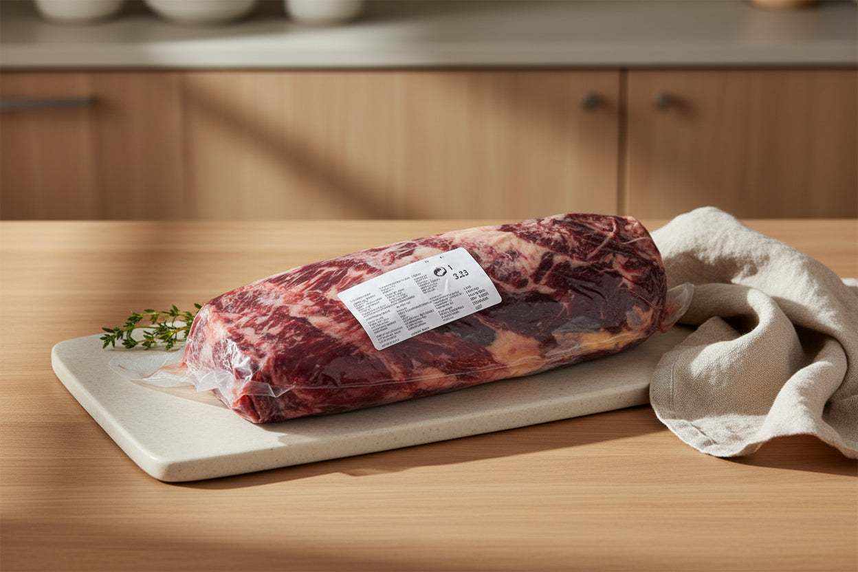Irish beef ribeye 3kg, well-marbled and vacuum-sealed