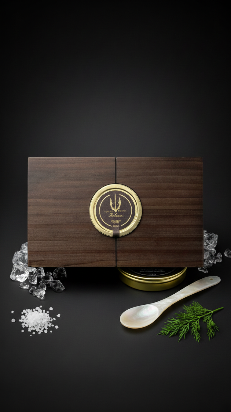 Elegant BELEAEV wooden caviar gift box with mother-of-pearl spoon, caviar key, and cooling element for a refined gourmet experience