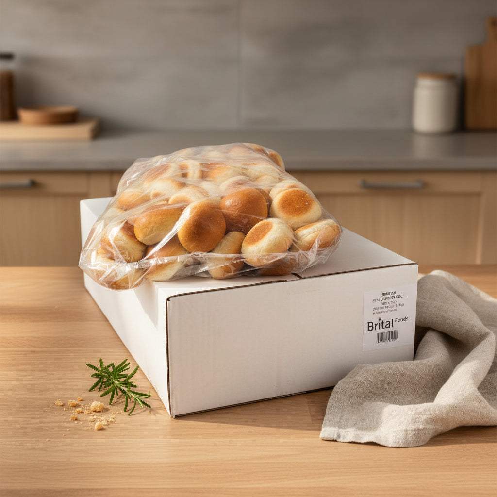 Mini brioche buns with glossy crust and soft, buttery crumb, 25g each, pack of 100