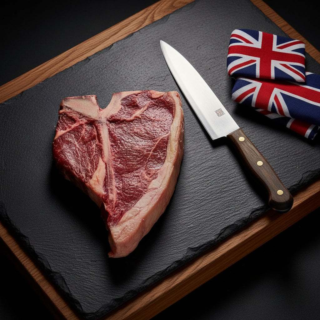 British Beef Porterhouse steak raw with marbled deep red meat and white fat, next to a chef's knife and Union Jack cloth on black slate