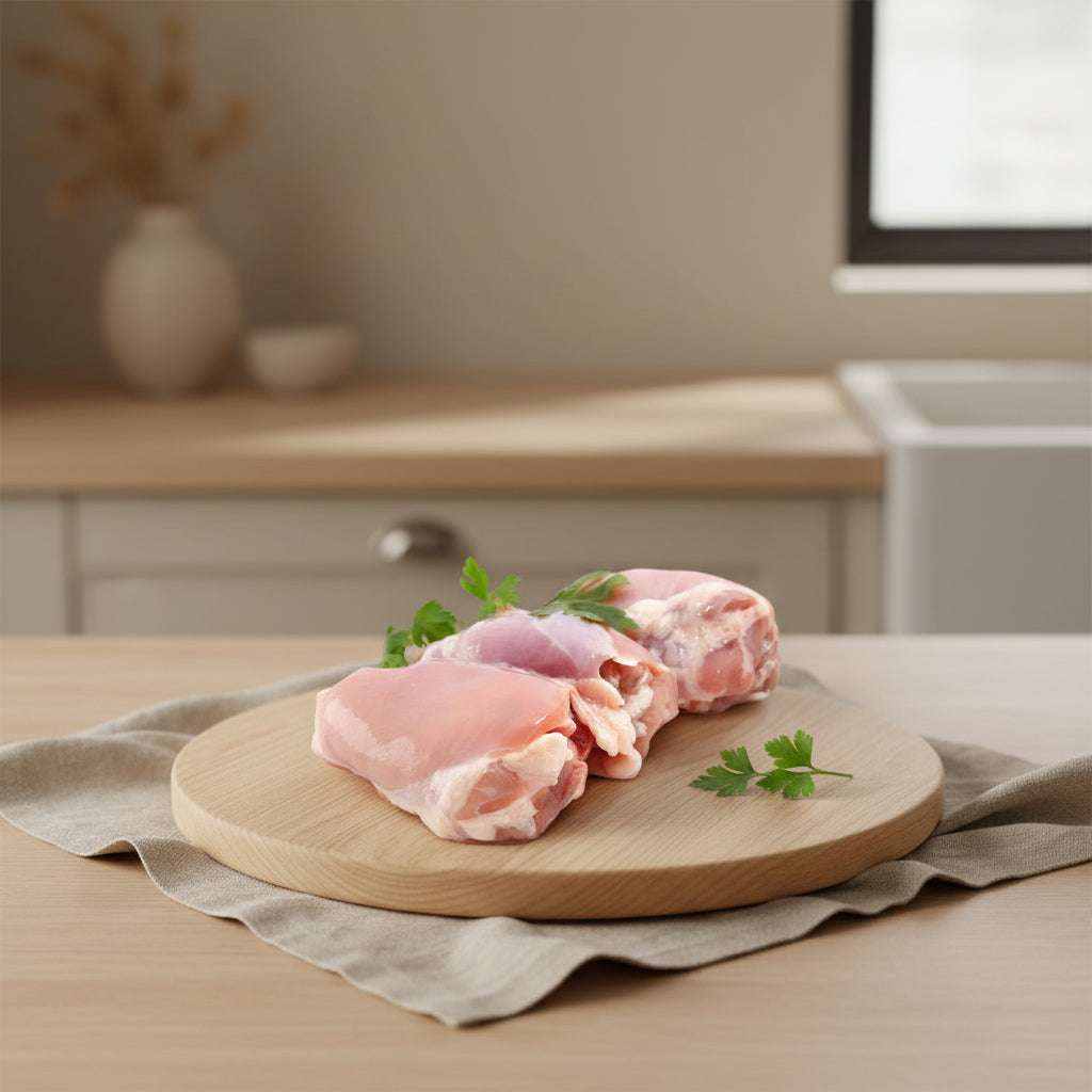 Vacuum-sealed pack of frozen boneless skinless chicken thighs 5kg for cooking and catering