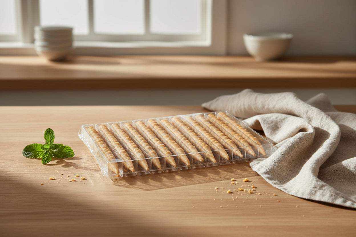 Stack of neutral-colored pastry cones 7.5cm tall for professional bakery use, pack of 286 units