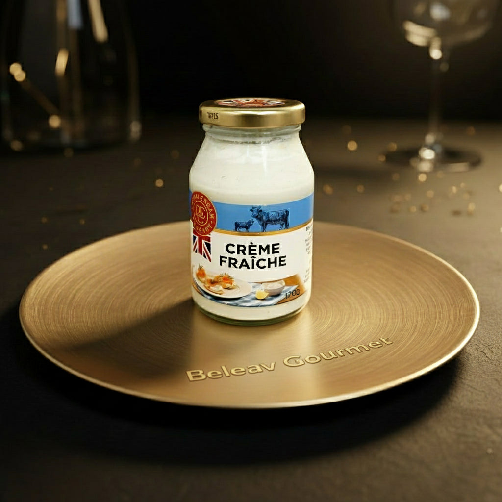 Jar of Crème Fraçèche on a gray background