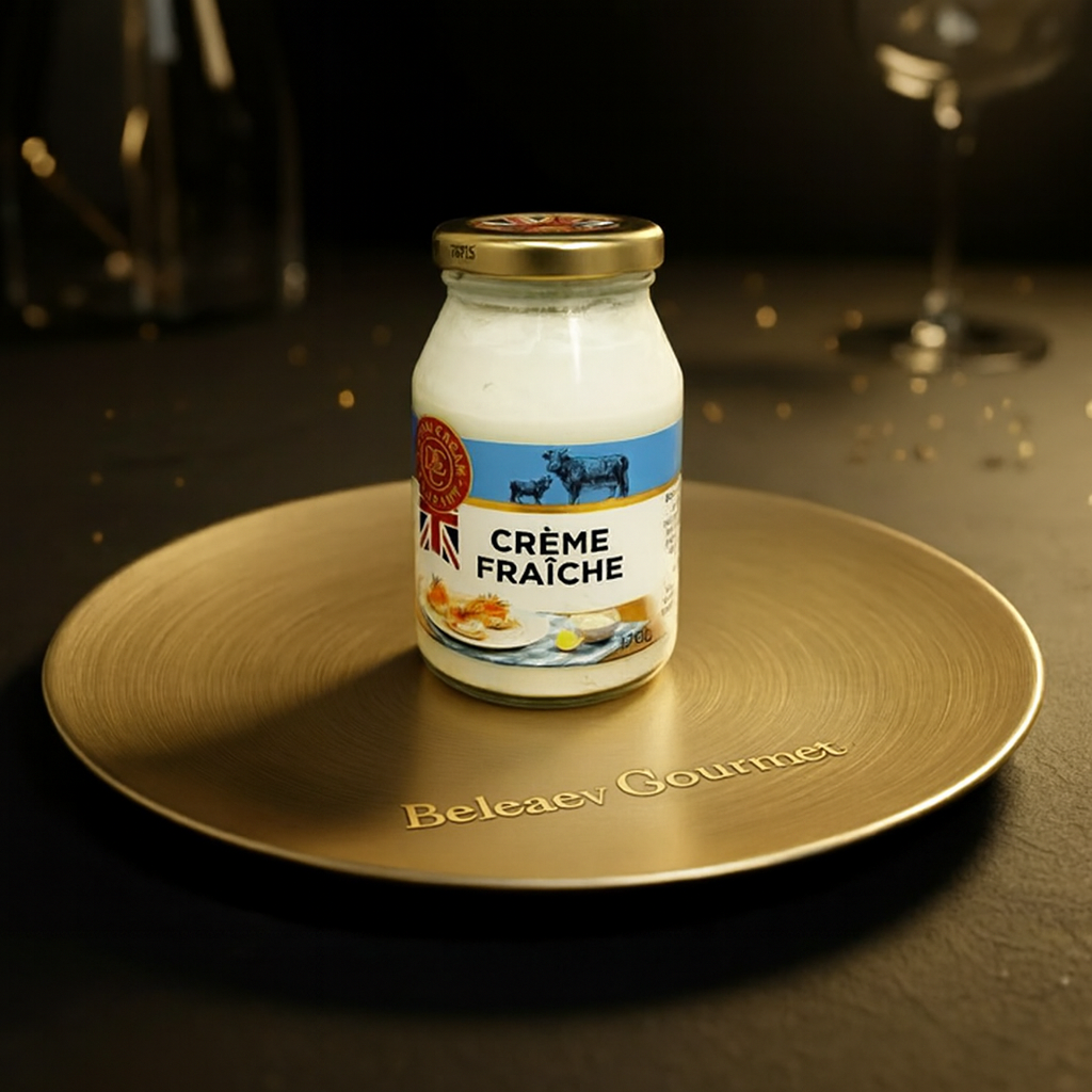 170g pot of fresh French Crème Fraiche, thick cultured cream with mild tang, perfect for cooking and serving with caviar