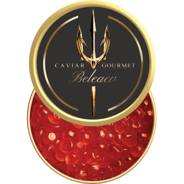 Close-up of bright orange Wild Salmon Roe pearls measuring 5.5 to 6.9 mm