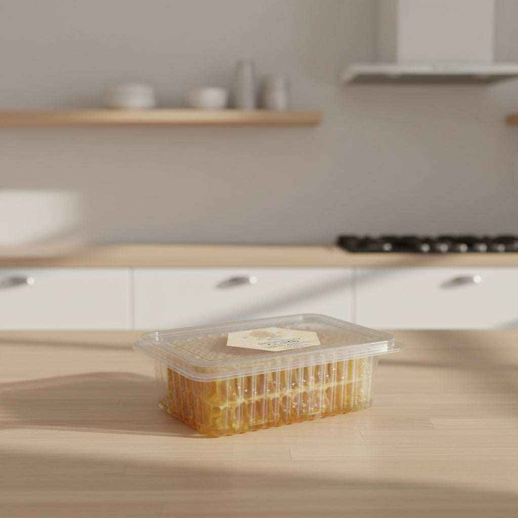 190g package of natural English Honeycomb in transparent food-safe wrapping with beeswax comb and raw honey