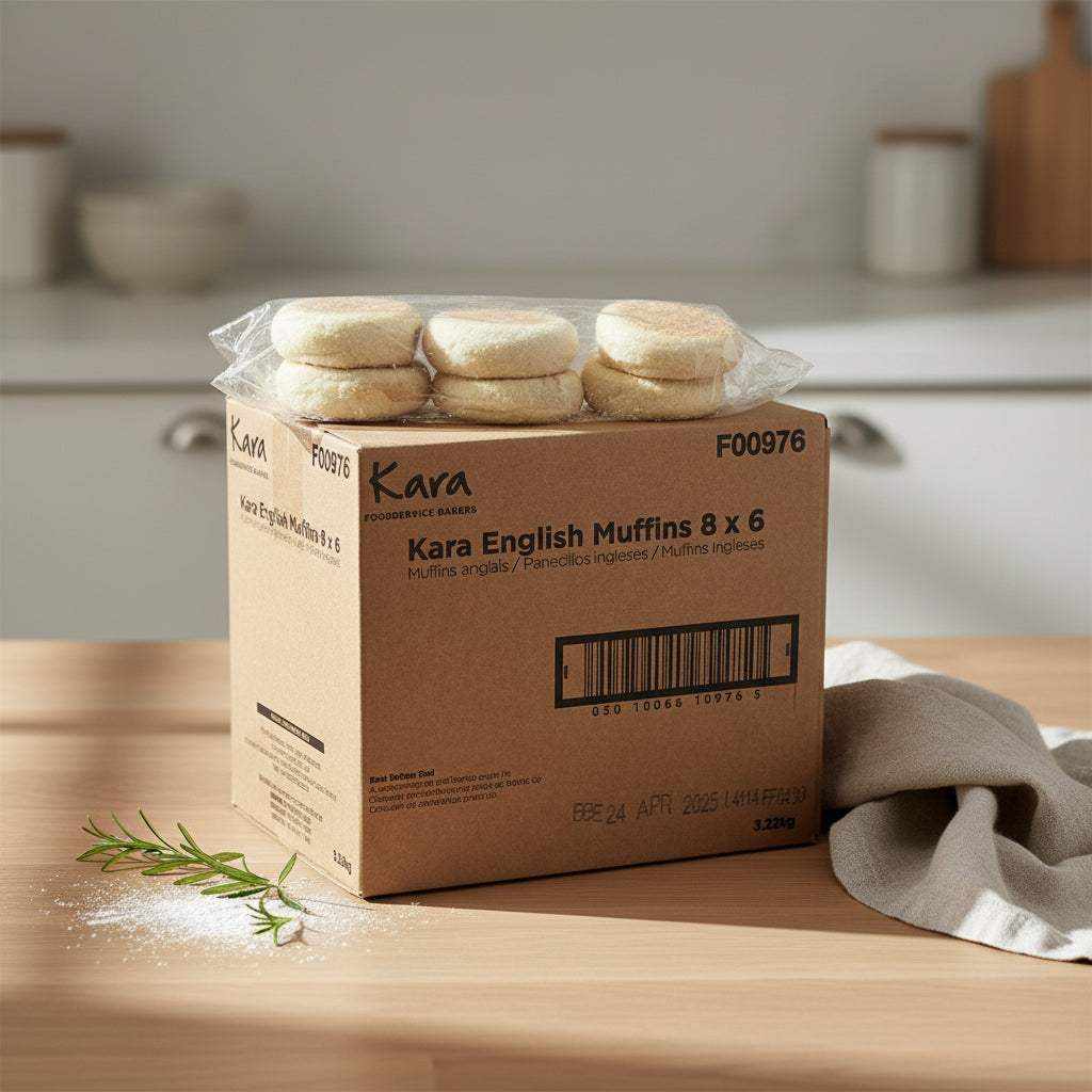 Pack of 48 frozen English muffins with golden toasted crust and airy crumb, ideal for breakfast sandwiches and toasting