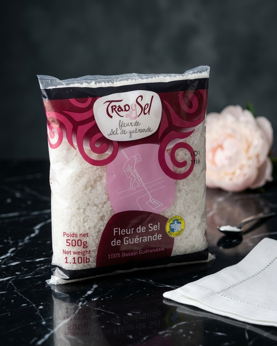 500g pack of hand-harvested Fleur de Sel sea salt from Guérande, Brittany with delicate crunchy crystals