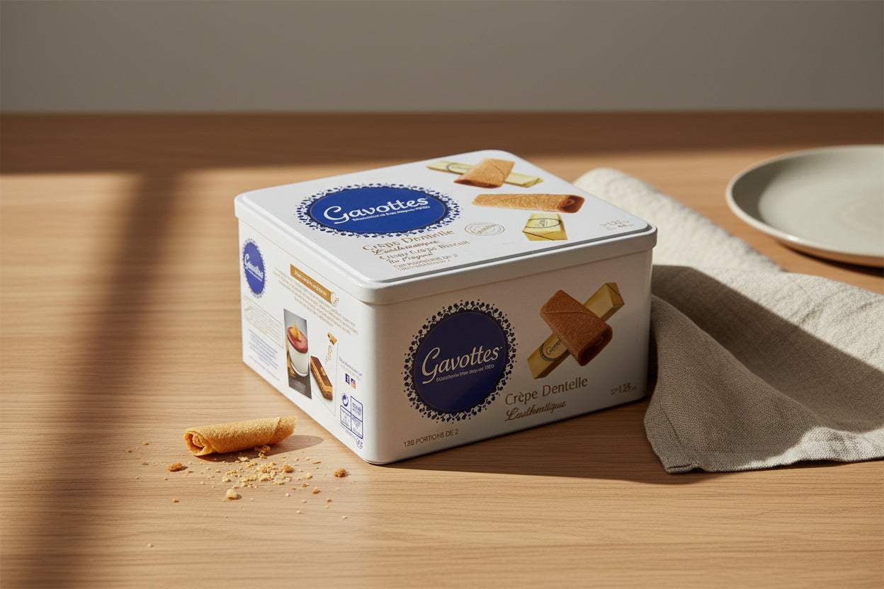 Box of Gavotte Crepe Dentelles biscuits with delicate lace edges weighing 1.25kg