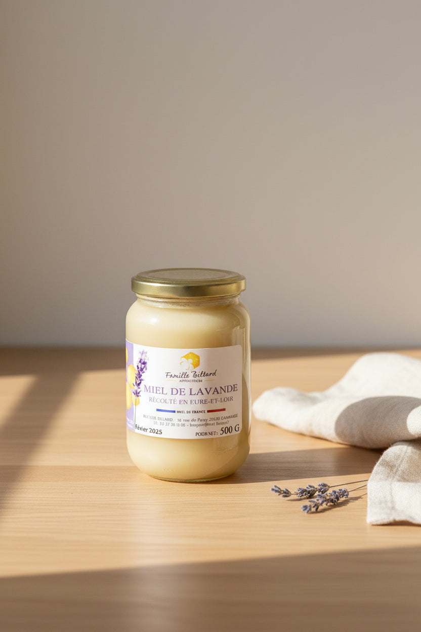 500g jar of Honey French Lavender natural floral honey from France in glass packaging