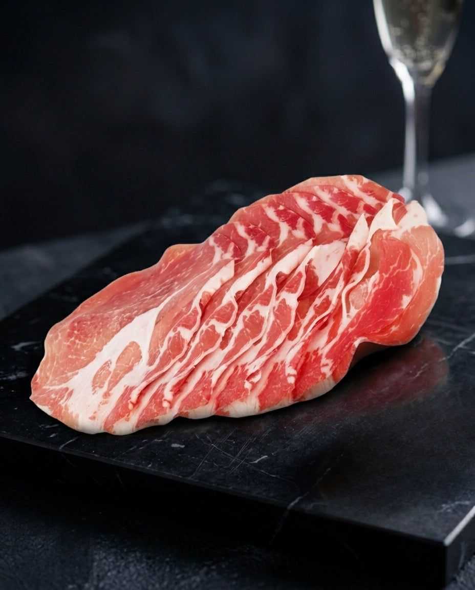 Sliced Italian matured coppa pork shoulder on wooden board with herbs