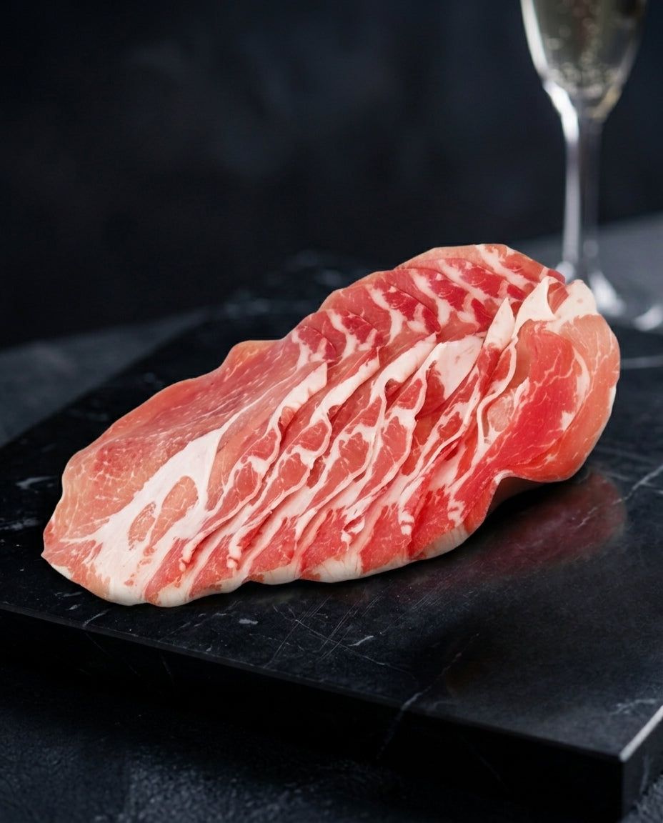 Sliced Italian matured coppa pork shoulder on wooden board with herbs