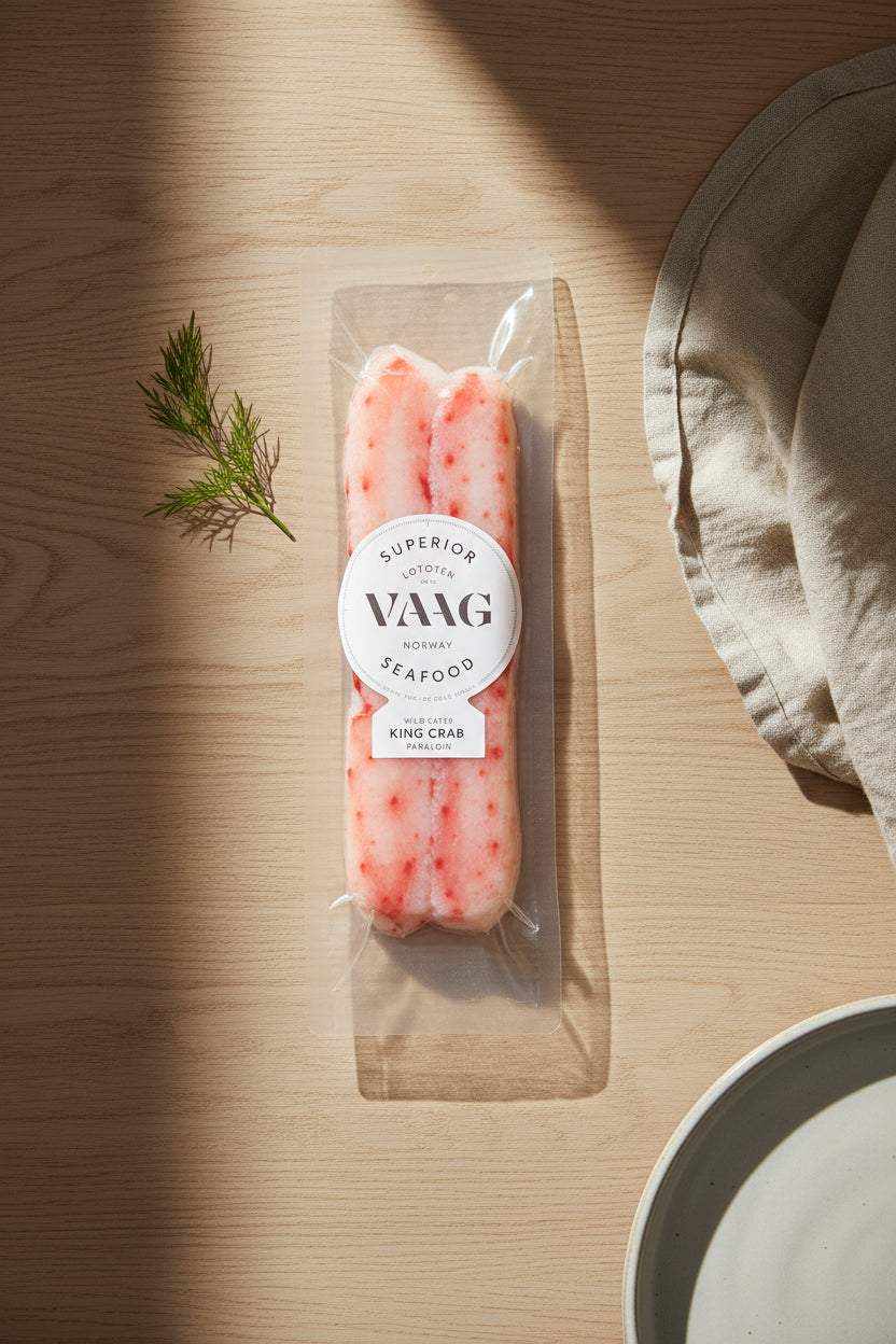 Vacuum-sealed package of frozen King Crab Loin pure meat weighing 227g, ready for gourmet cooking