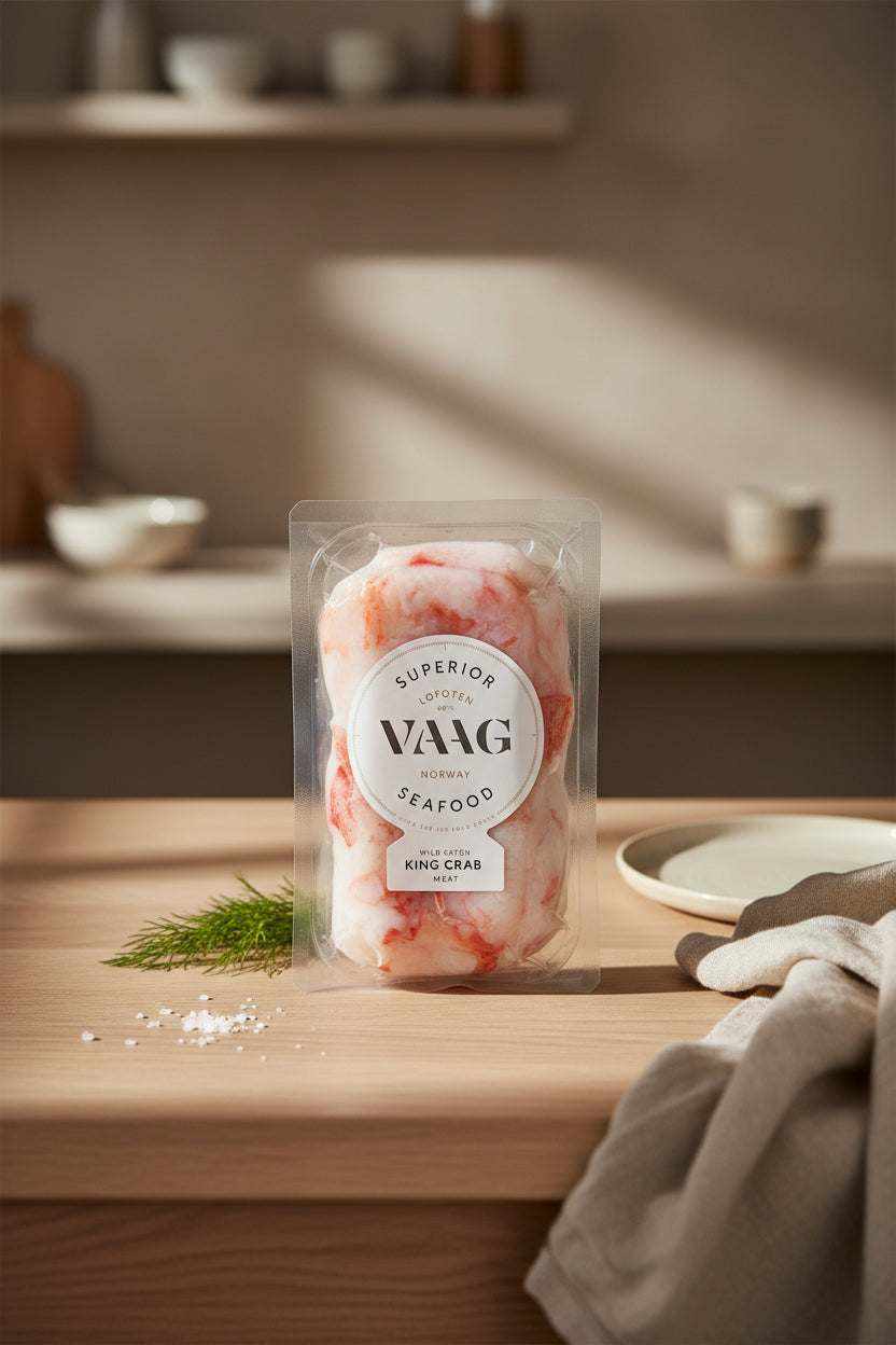 Frozen king crab meat 227g package with tender leg and body meat, sustainably sourced and flash-frozen for freshness
