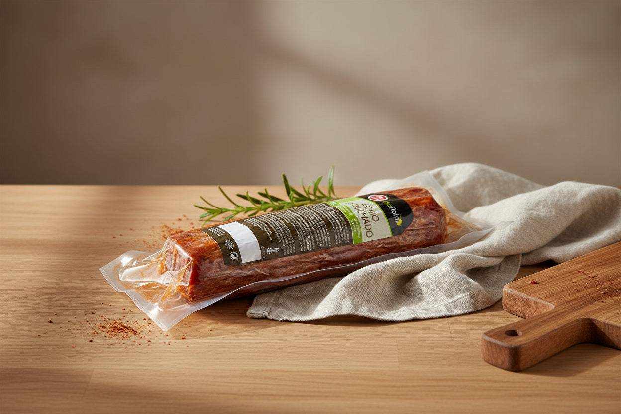 Vacuum-sealed 1kg Lomo Cured Pork Loin with firm texture and marbled appearance