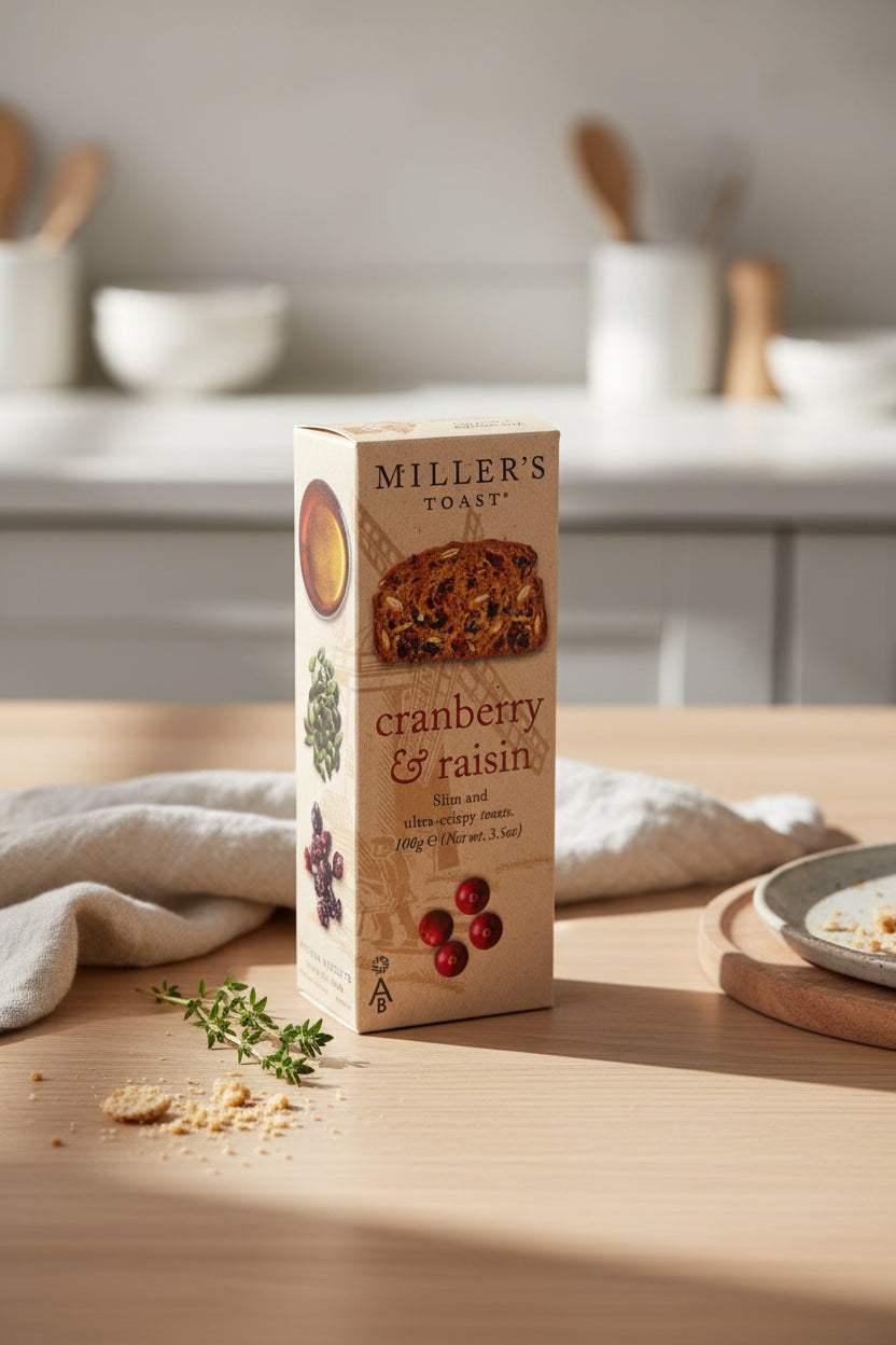 Miller's Toast thin cranberry raisin toasts ideal for cheese platters and snacks