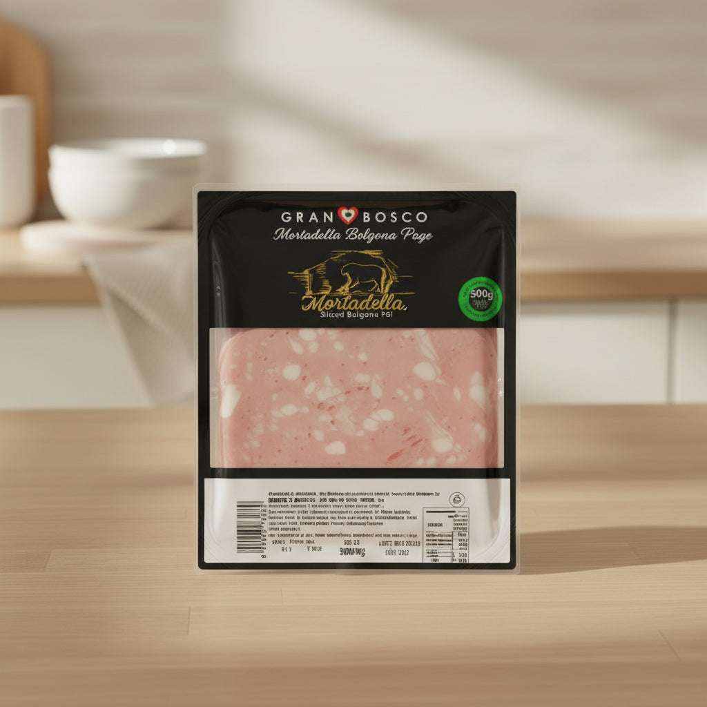 Pre-sliced 500g package of traditional Italian Mortadella with visible pork fat marbling and uniform round slices