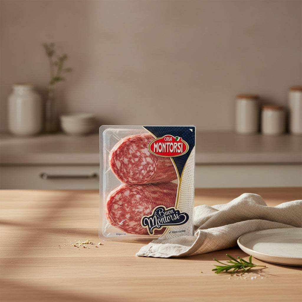 Vacuum-sealed 500g package of sliced Napoli Spicy Salami with traditional seasoning for sandwiches and antipasti