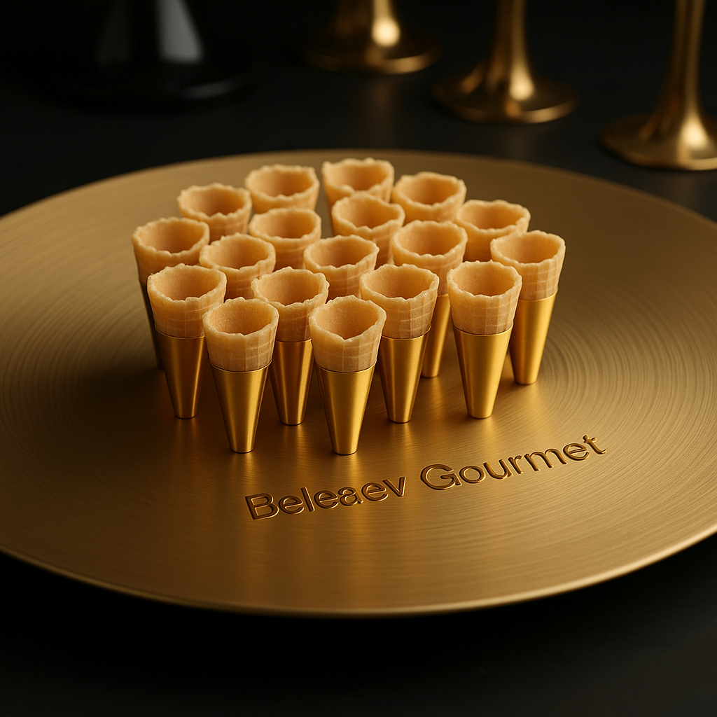 Pack of 45 neutral mini canapé cones, wafer-style, moisture-proof inside, ideal for sweet and savory fillings