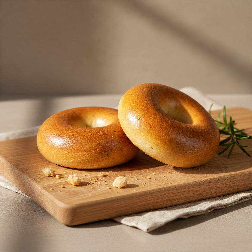 Pack of 48 authentic New York Bagels 115g each with chewy crust and dense texture in resealable carton