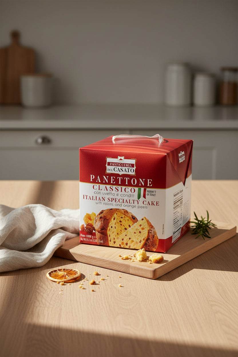 Traditional Italian Panettone cake with raisins and candied fruit in classic paper wrapping, 1kg