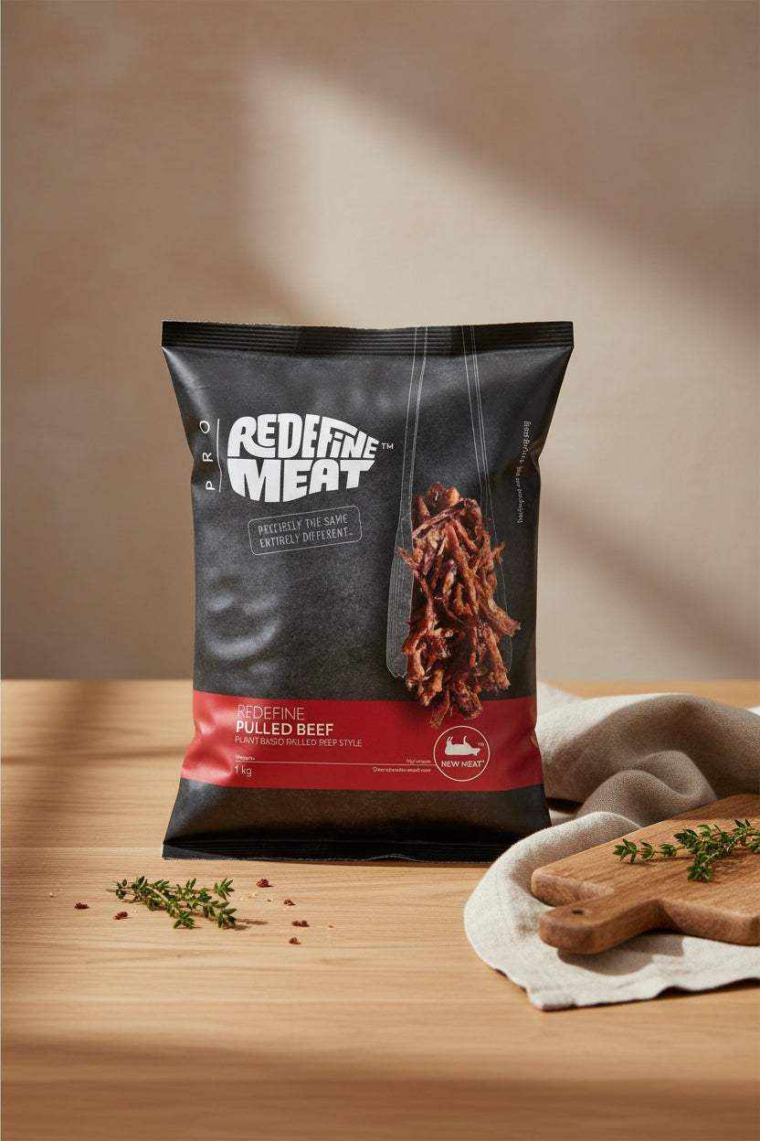 Frozen vegan pulled beef substitute block by Redefine Meat, 1kg, plant-based protein, soy and gluten-free packaging