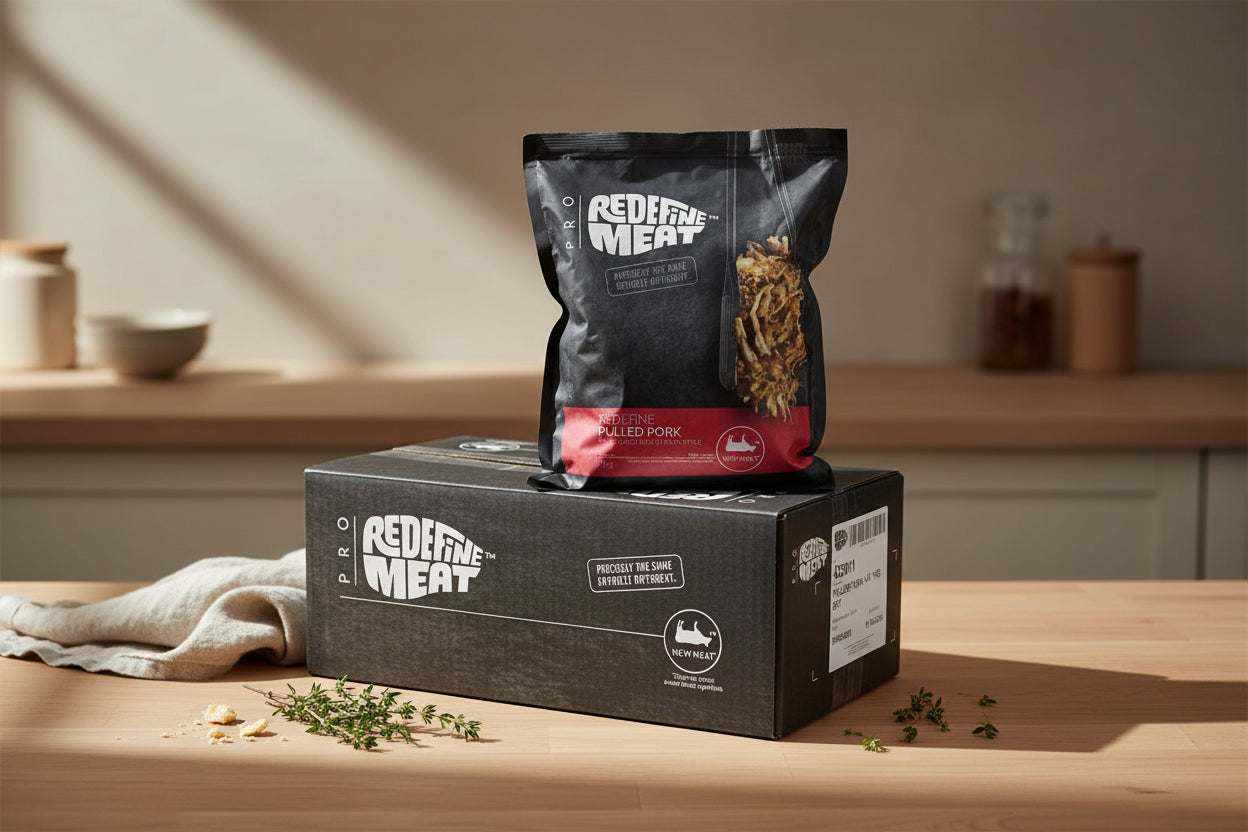 Frozen 1kg vegan pulled pork made from pea protein in airtight packaging