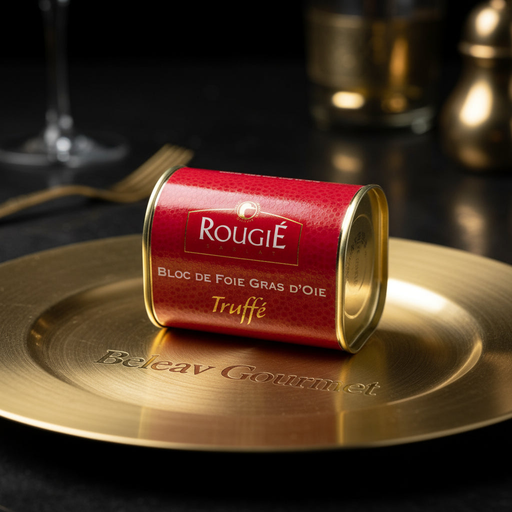 Red can of Rougé Salat Bloc de Foie Gras d'Oie Truffé on a white background