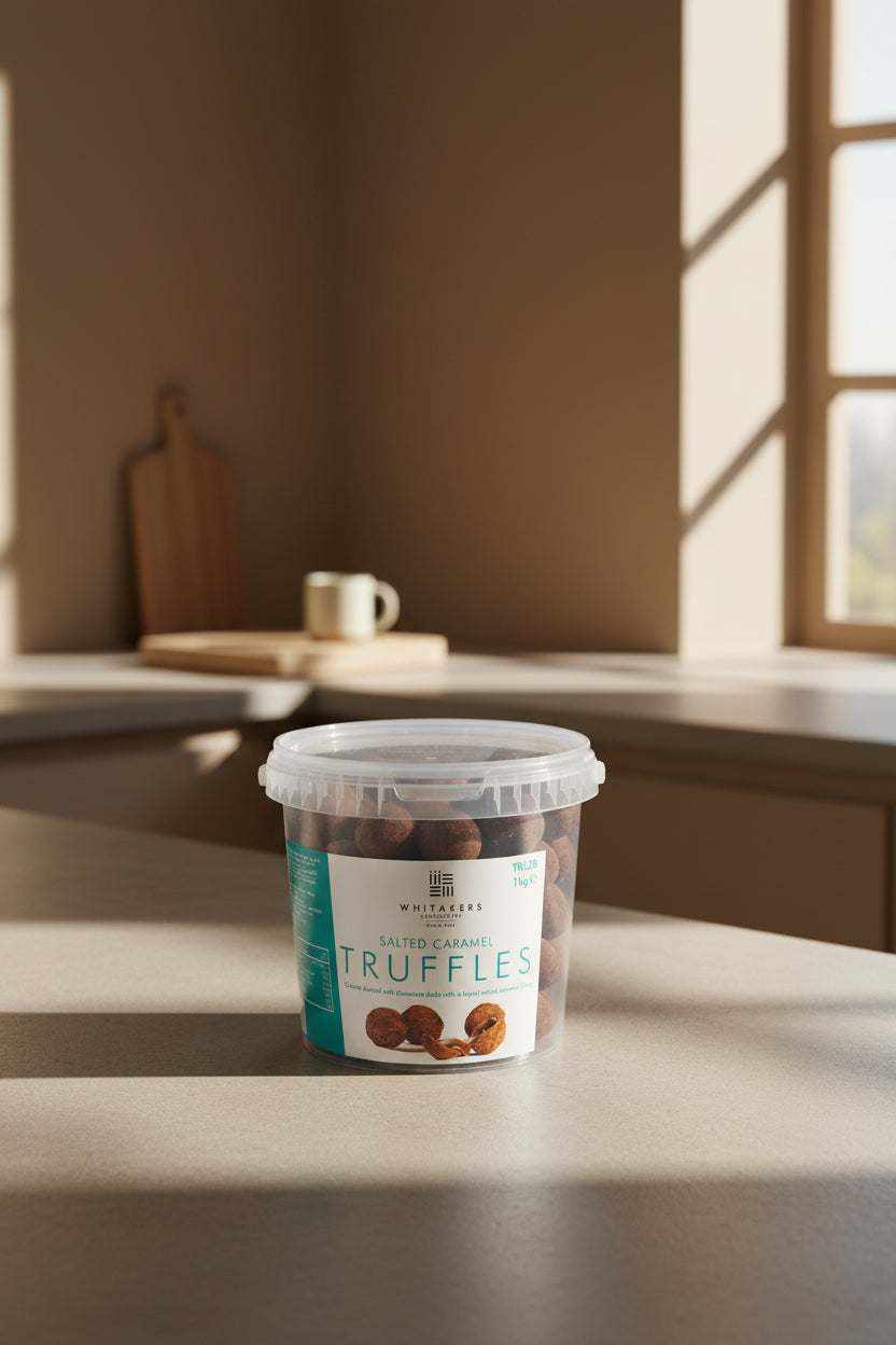 Box of Whitakers Salted Caramel Chocolate Truffles with glossy milk chocolate shell and flowing caramel center