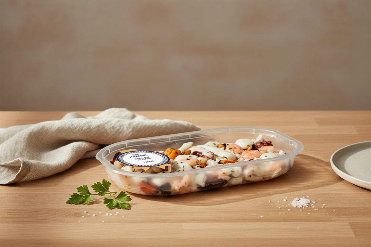 1kg seafood salad in sealed container with shrimp, squid, imitation crab, and mayonnaise dressing