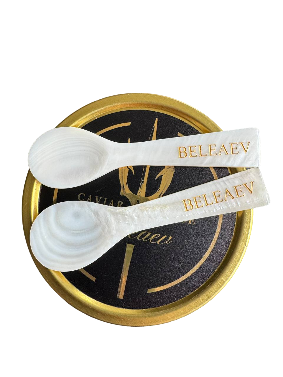 Hand-crafted signature mother of pearl caviar spoon with golden inscription