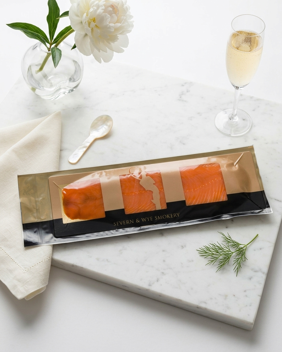 D-sliced smoked salmon side weighing approximately 1.2kg, ready to serve