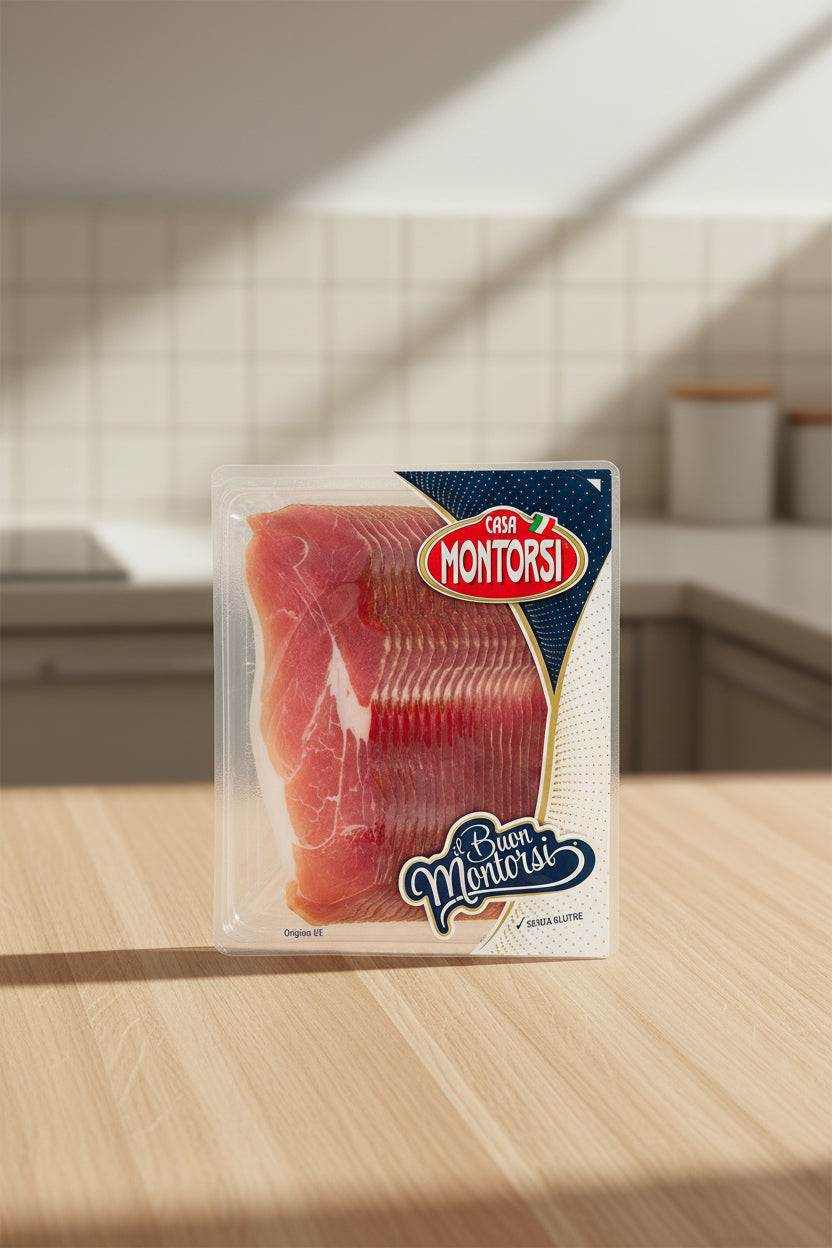 Vacuum-sealed 250g package of thinly sliced Speck Alto Adige dry-cured ham with smoky juniper flavor