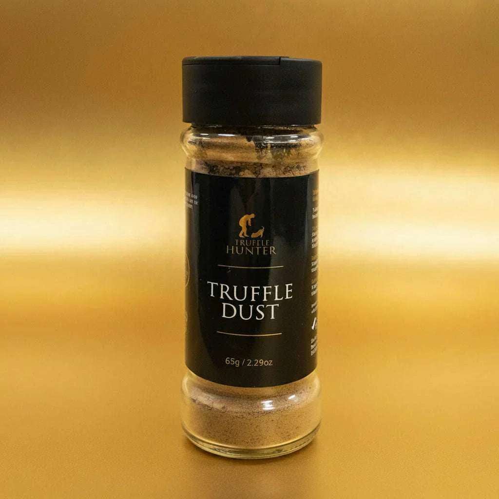 65g jar of finely ground Truffle Dust seasoning with black truffle, salt, and mushroom extract from the UK