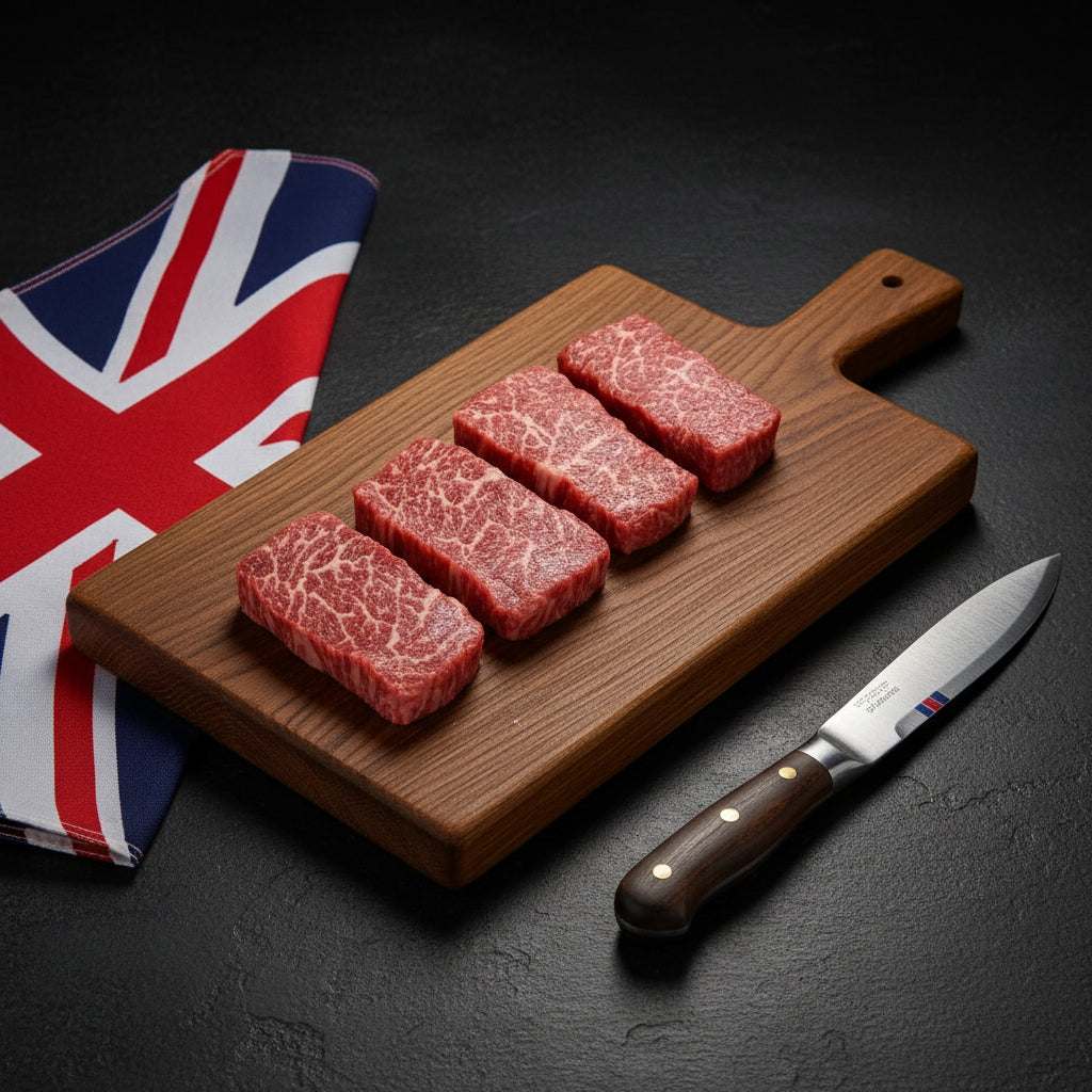 Wagyu British Beef mini steaks with distinctive high marbling, rectangular and arranged on a wooden cutting board with a knife and British flag cloth