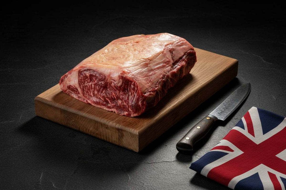 Wagyu British Beef whole striploin with rich marbling and a thick fat cap on a wooden board next to a knife and Union Jack cloth