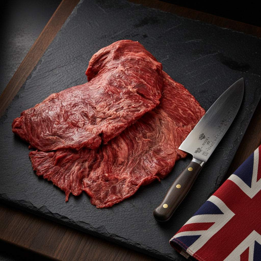 Wagyu British Beef whole flank steaks with rich marbling on a black slate board alongside a wooden handled knife and UK flag cloth