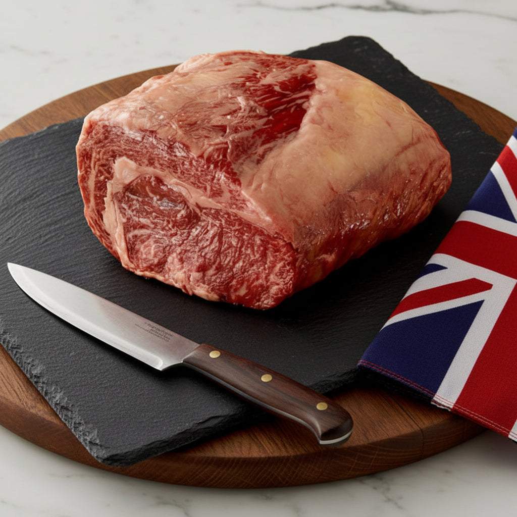 Wagyu British Beef whole ribeye cut with rich marbling and fat cap, displayed with a carving knife and Union Jack cloth