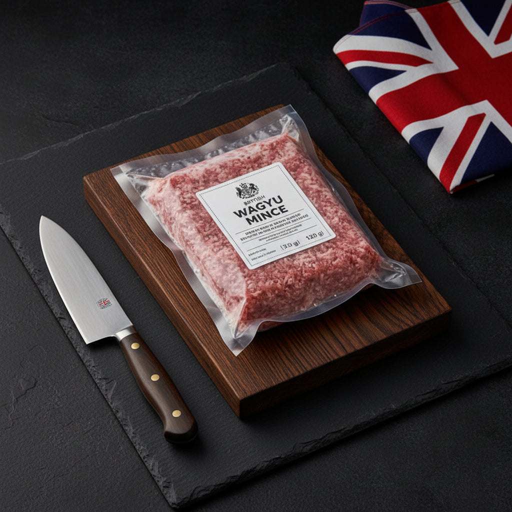 Wagyu British Mince in clear vacuum-sealed packaging showing finely ground pink and white marbled beef on a wooden board next to a chef's knife and a folded UK flag