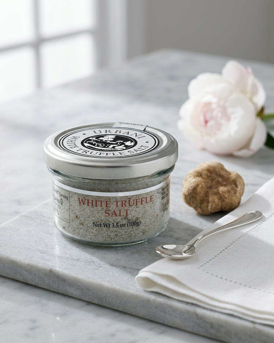 100g jar of Italian white truffle salt with grey Guérande sea salt and real white truffle pieces