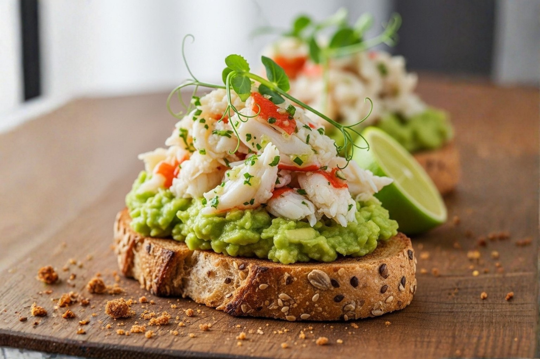 Crab and avocado toast topped with lemon, chilli, and fresh herbs on toasted sourdough