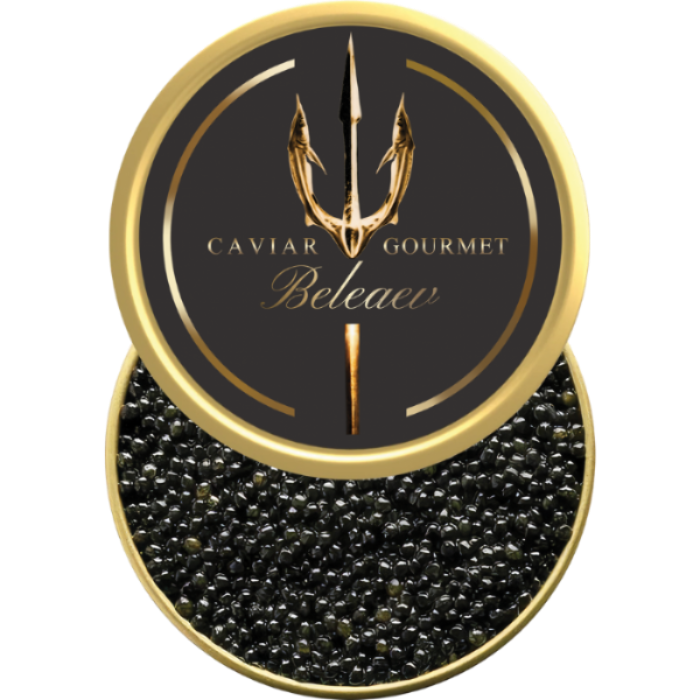 Tin of Royal Baeri Caviar with grey medium-sized pearls displaying sweet nutty flavor