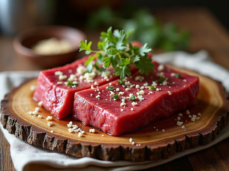 Raw marbled beef steaks on a wooden board with herbs and seasoning